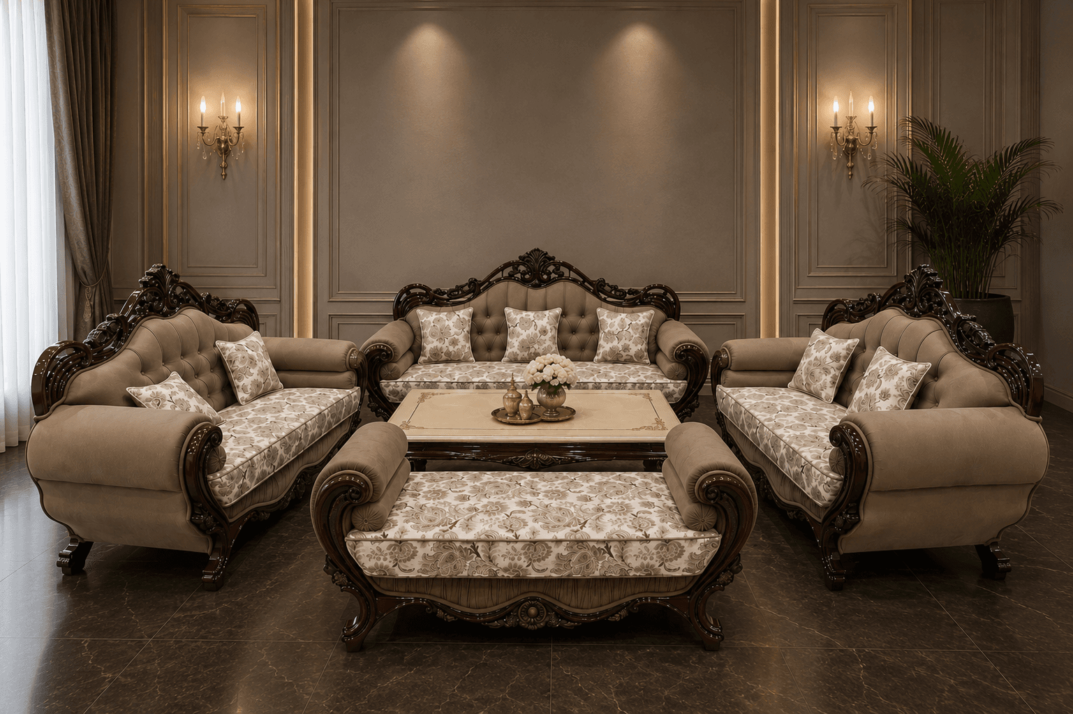 Elegant carved sofa set in a formal living room